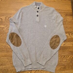 CHAPS Cable Knit Sweater Leather Elbow Patches Gray Buttons Mens Size Large